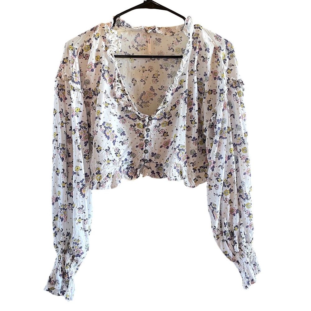 Free People Crop Top Size Small Prairie Boho Ruffle Floral Feminine Long Sleeve